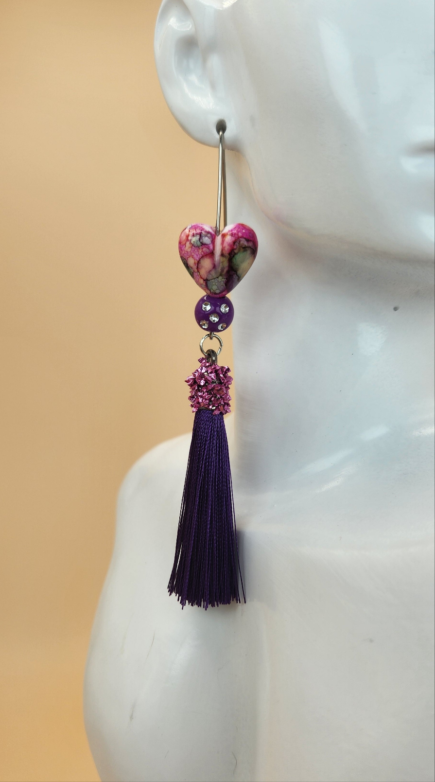 Pink Multicolored Heart Earrings w/Tassels