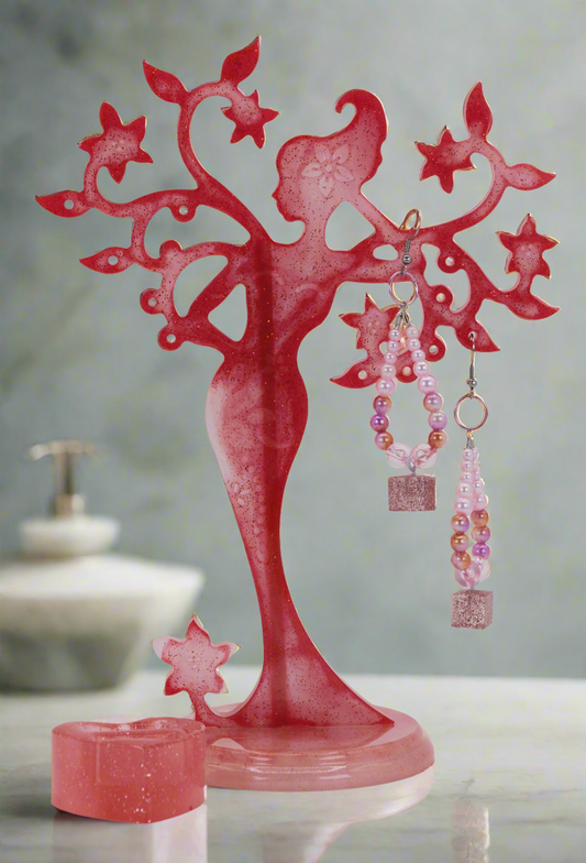 Mother Nature Resin Tree Stand Set - Red and Pink Colors with One Set of Earrings