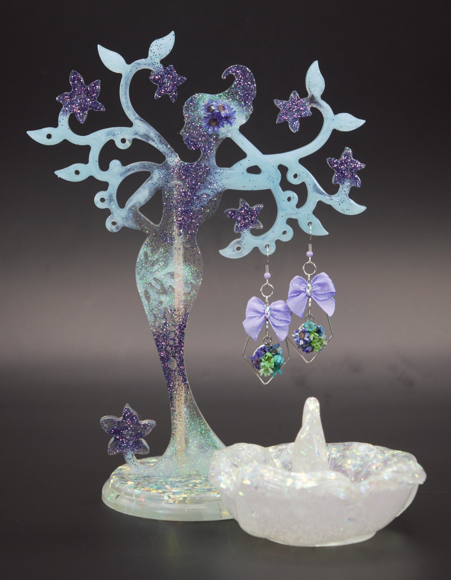 Mother Nature Resin Tree Stand Set - Blue, Purple, Green, and Pink with Resin Jewelry Dish and Earrings