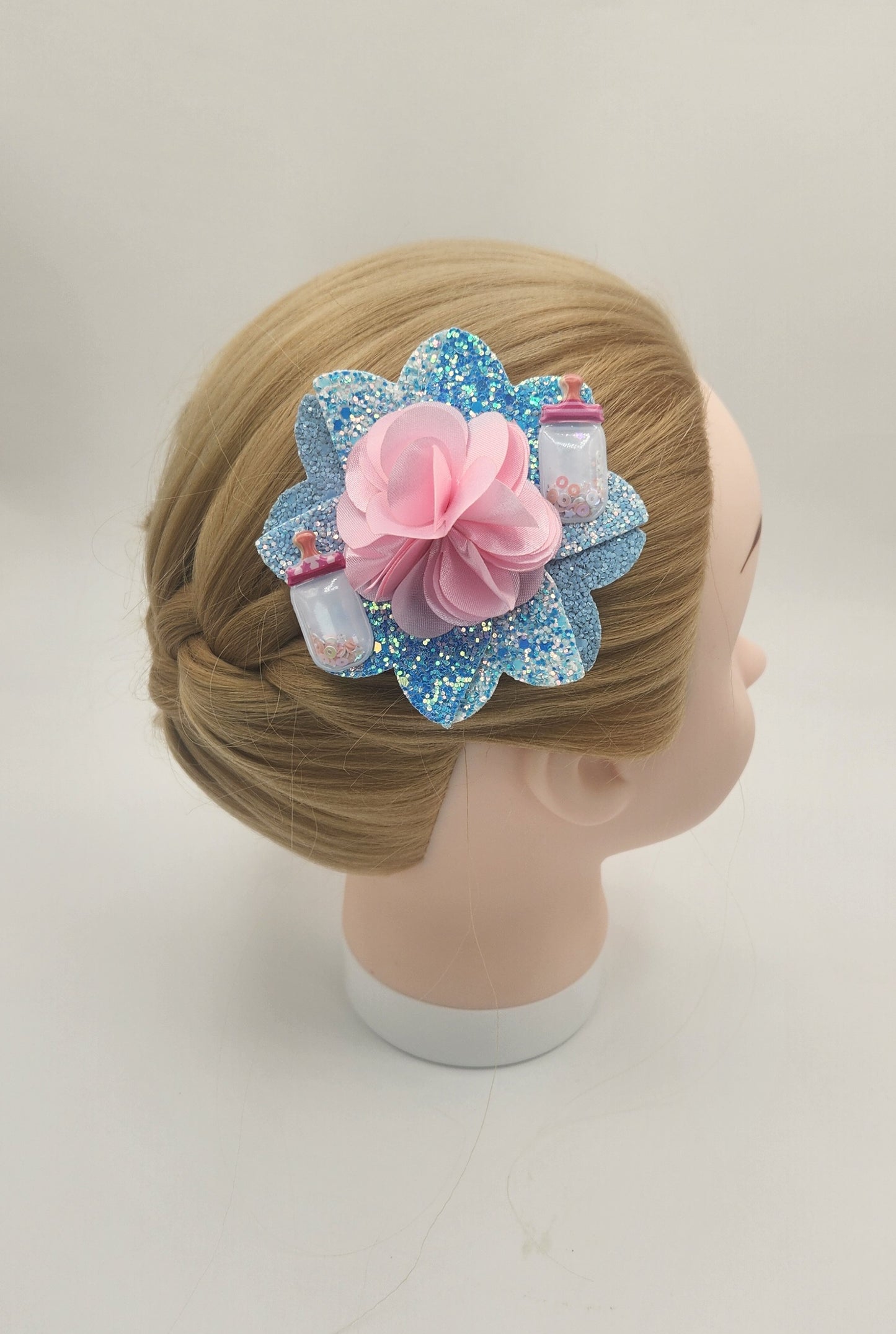 Baby Girl Bottle Hair Clip with Fabric Flower