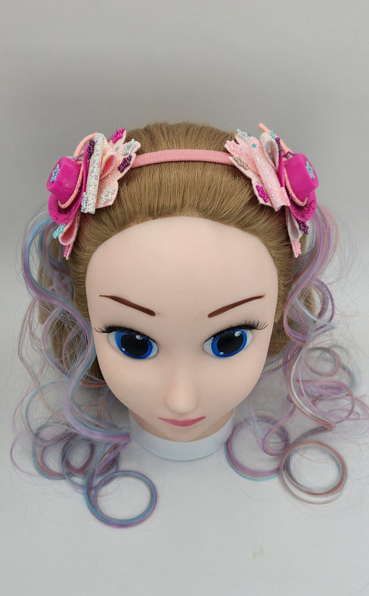 HOTT Pink Cowgirl Hat Hair Bow Headband w/ Artificial Pastel Hair