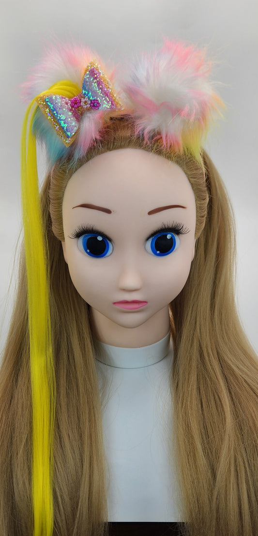 Pretty Rainbow Colored Pom-Poms Headband w/Bow & Artificial Hair