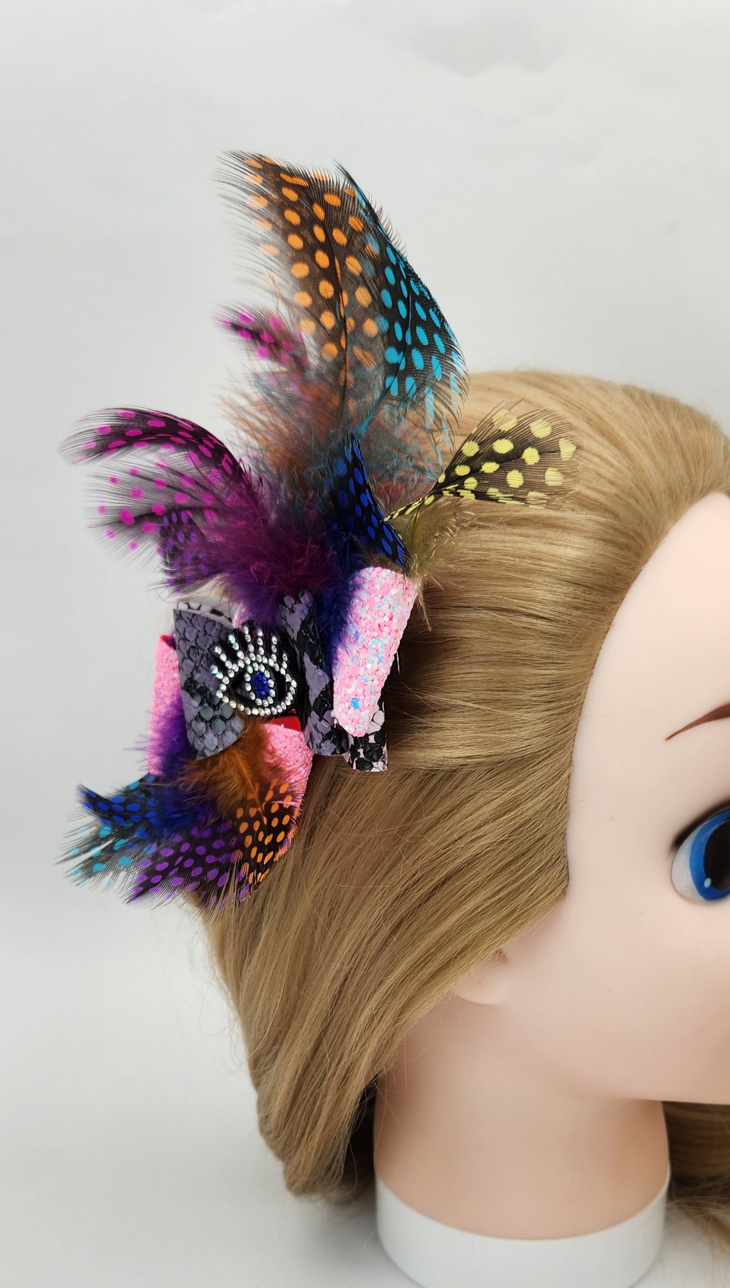Layered Blue "Eye" Hair Bow with Faux Feathers