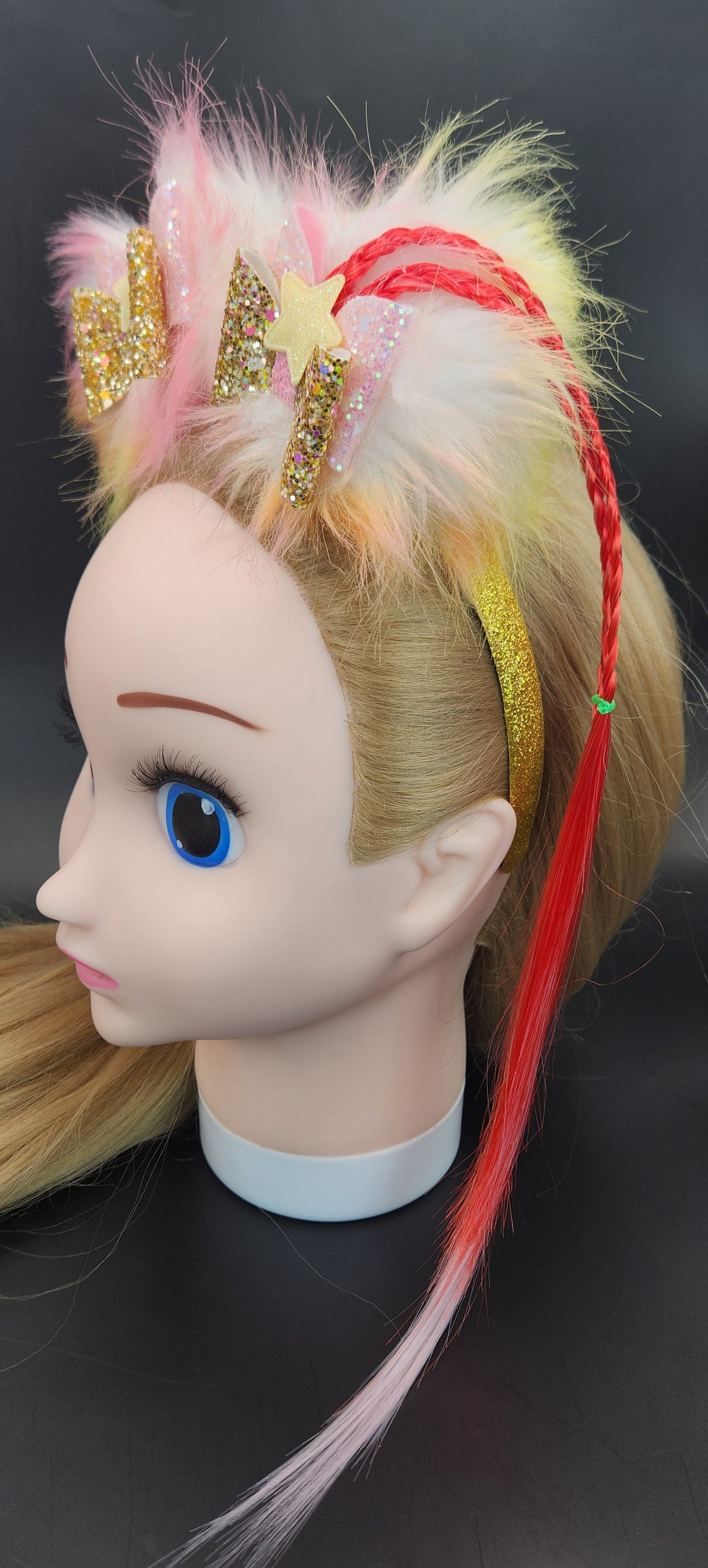 Loud Vibrant Pom-Poms Headband w/Bows & Artificial Hair