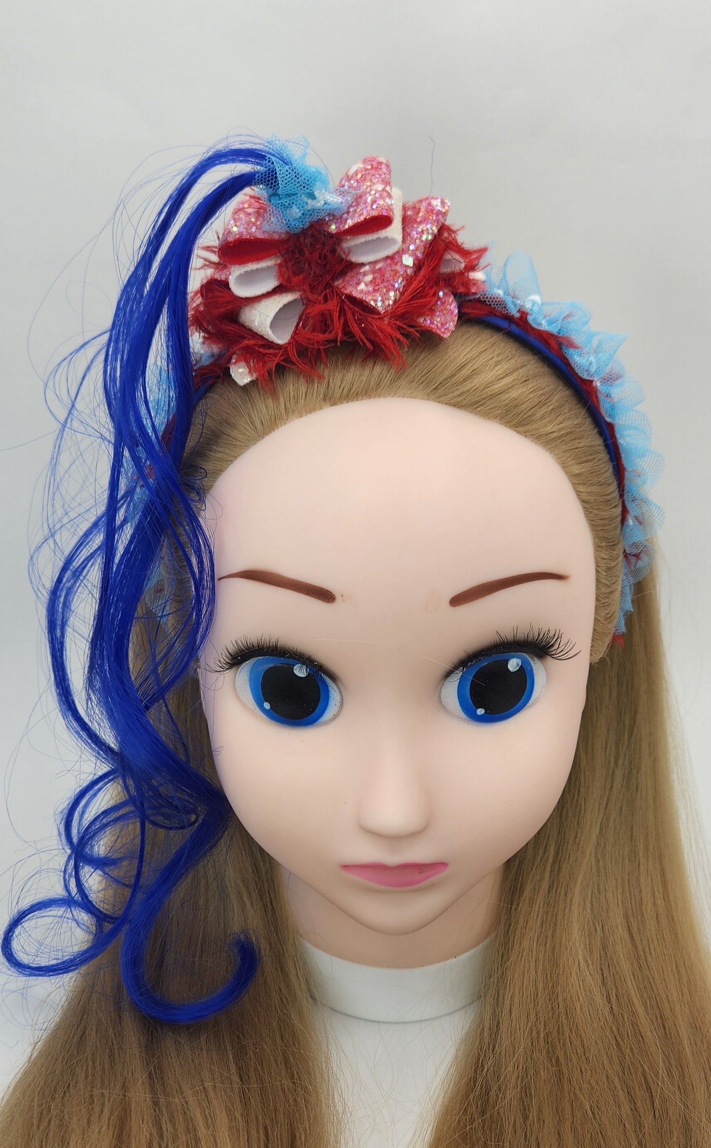 Sky High Red Hair Bow w/Curly Blue Hair Headband