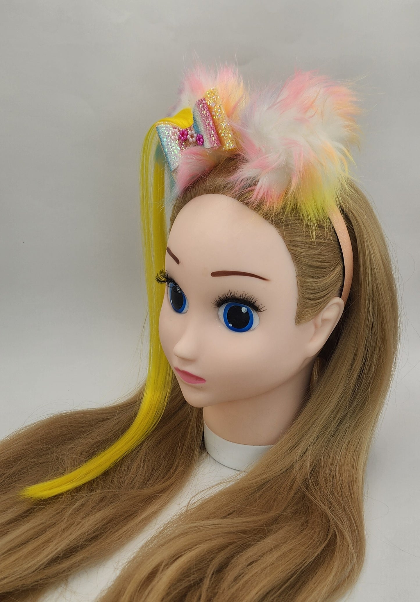 Pretty Rainbow Colored Pom-Poms Headband w/Bow & Artificial Hair