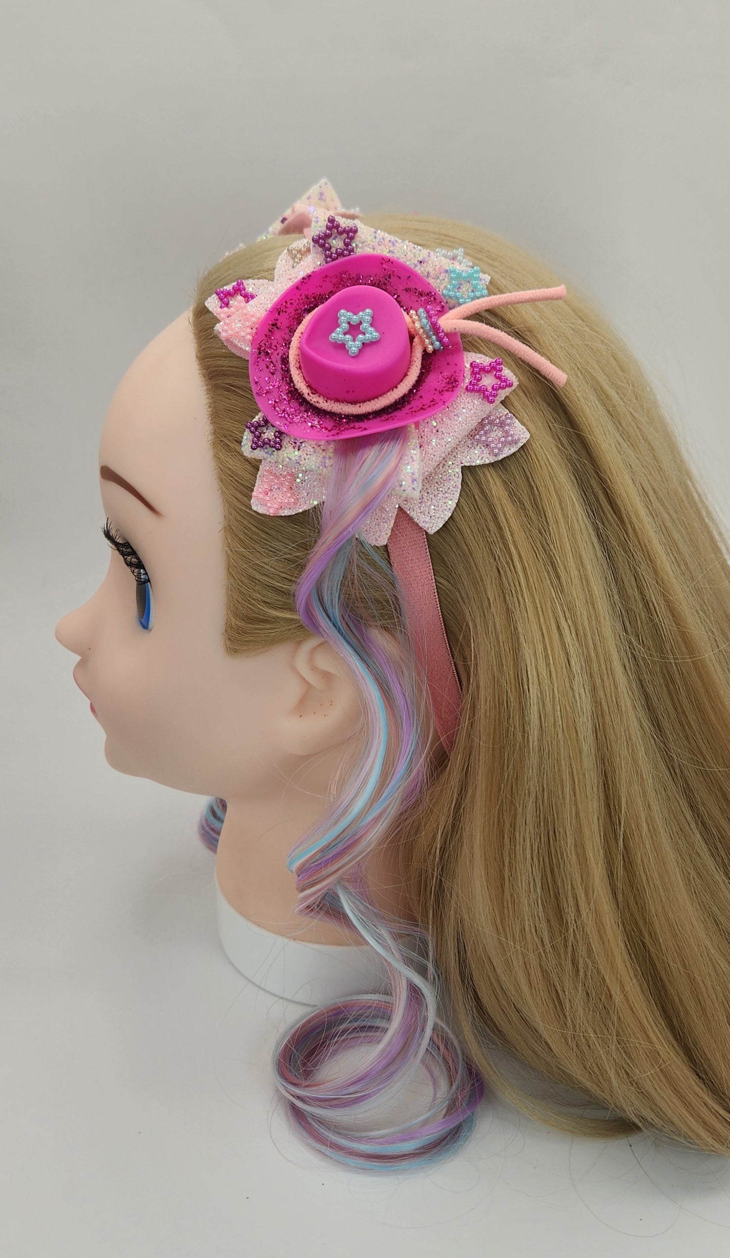 HOTT Pink Cowgirl Hat Hair Bow Headband w/ Artificial Pastel Hair