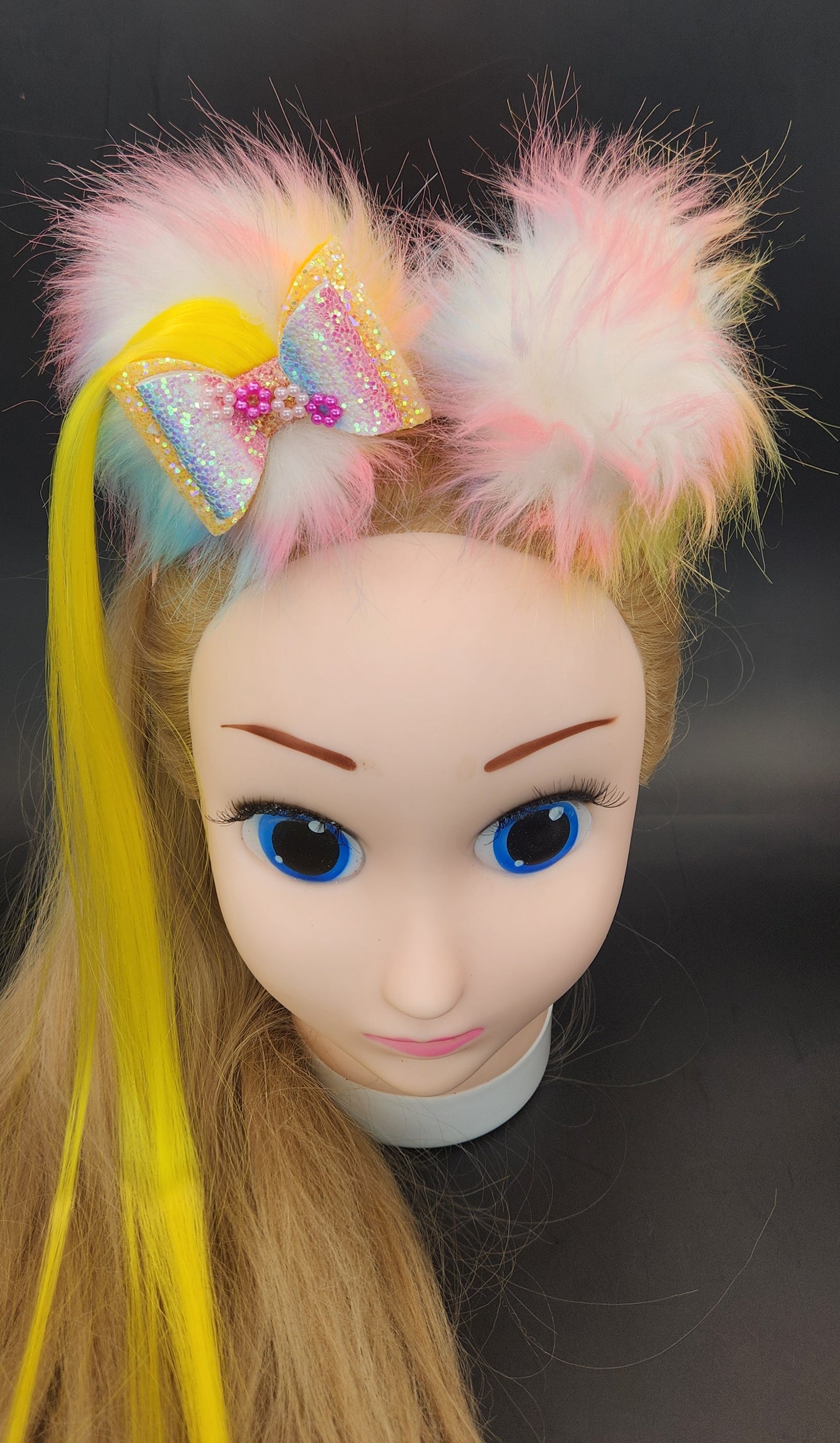 Pretty Rainbow Colored Pom-Poms Headband w/Bow & Artificial Hair