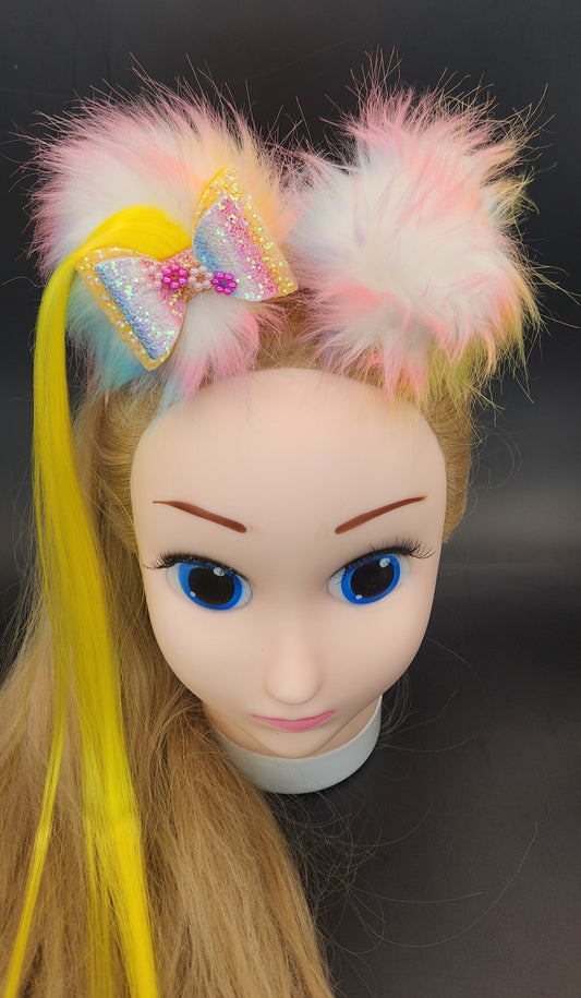 Pretty Rainbow Colored Pom-Poms Headband w/Bow & Artificial Hair