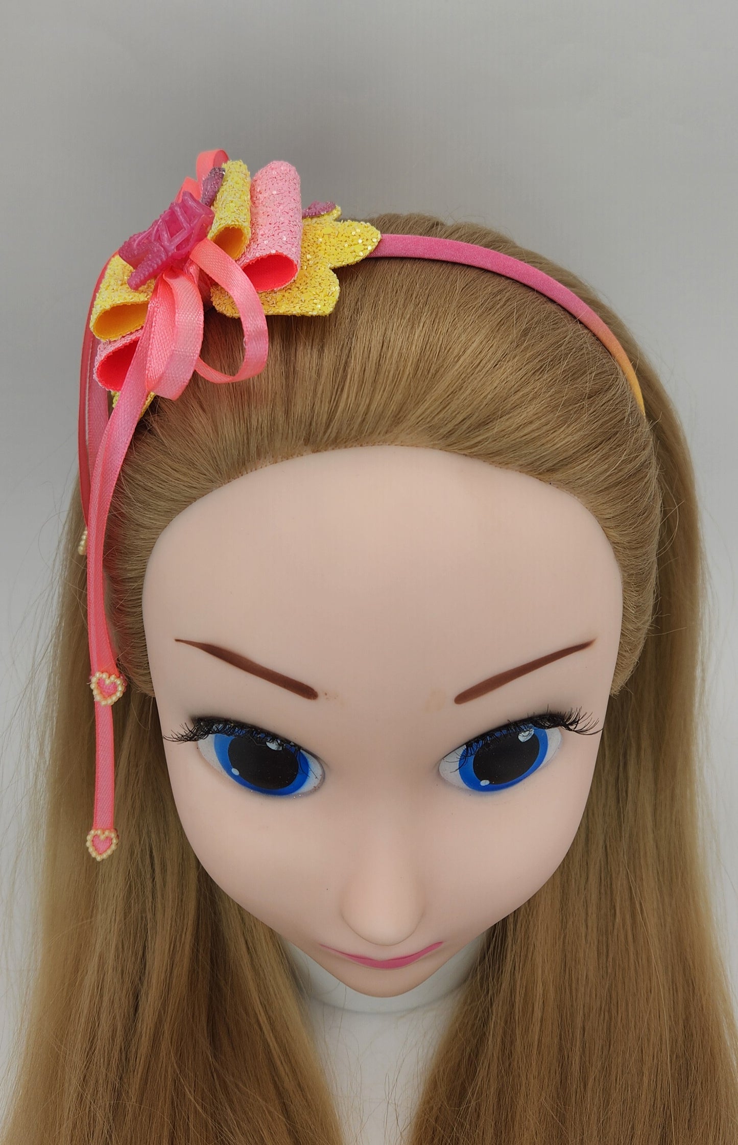 Pink & Yellow Hair Bow Headband with Barbie Shoe Centerpiece