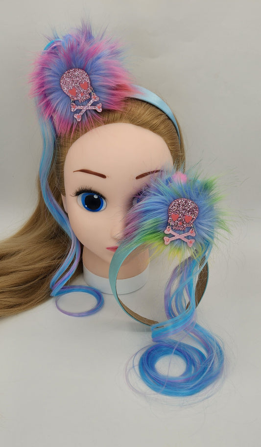 BFF Pom-Poms Headband w/ Artificial Hair & Skeleton Skull