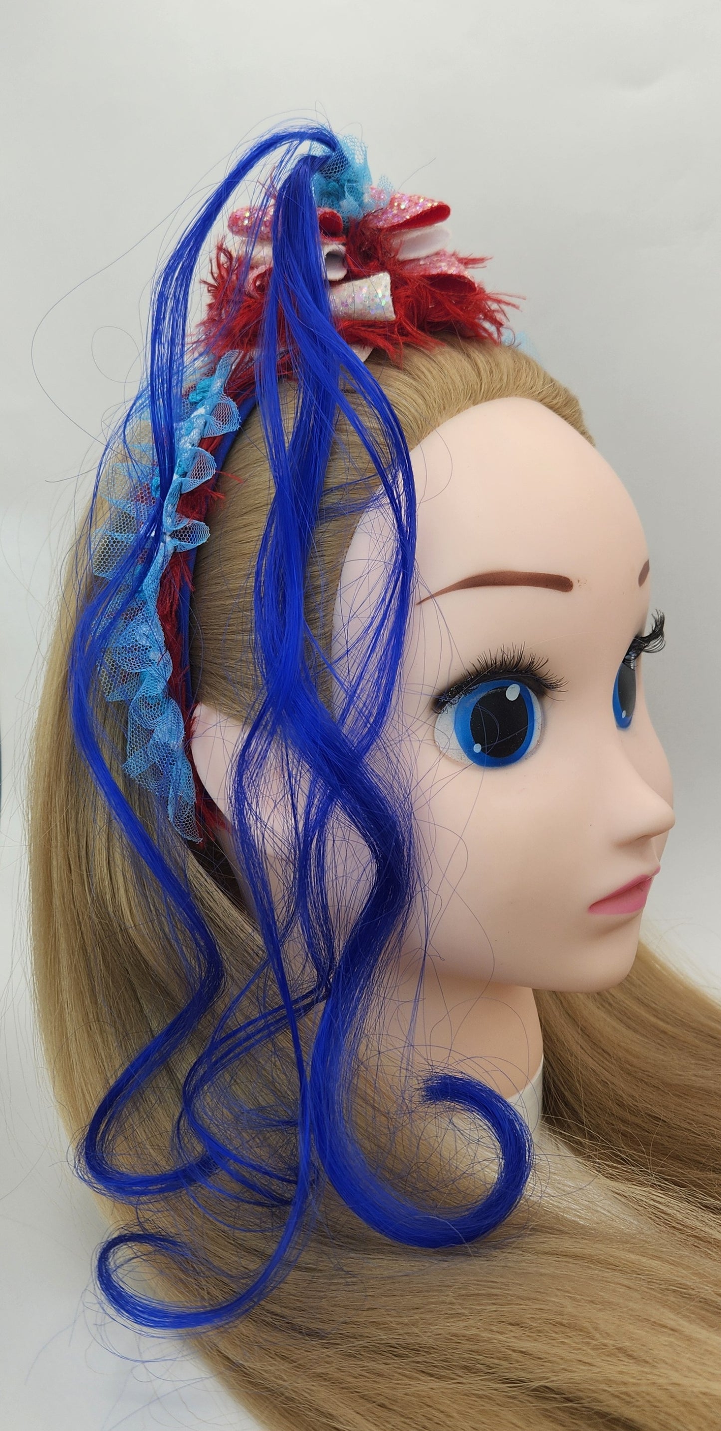 Sky High Red Hair Bow w/Curly Blue Hair Headband