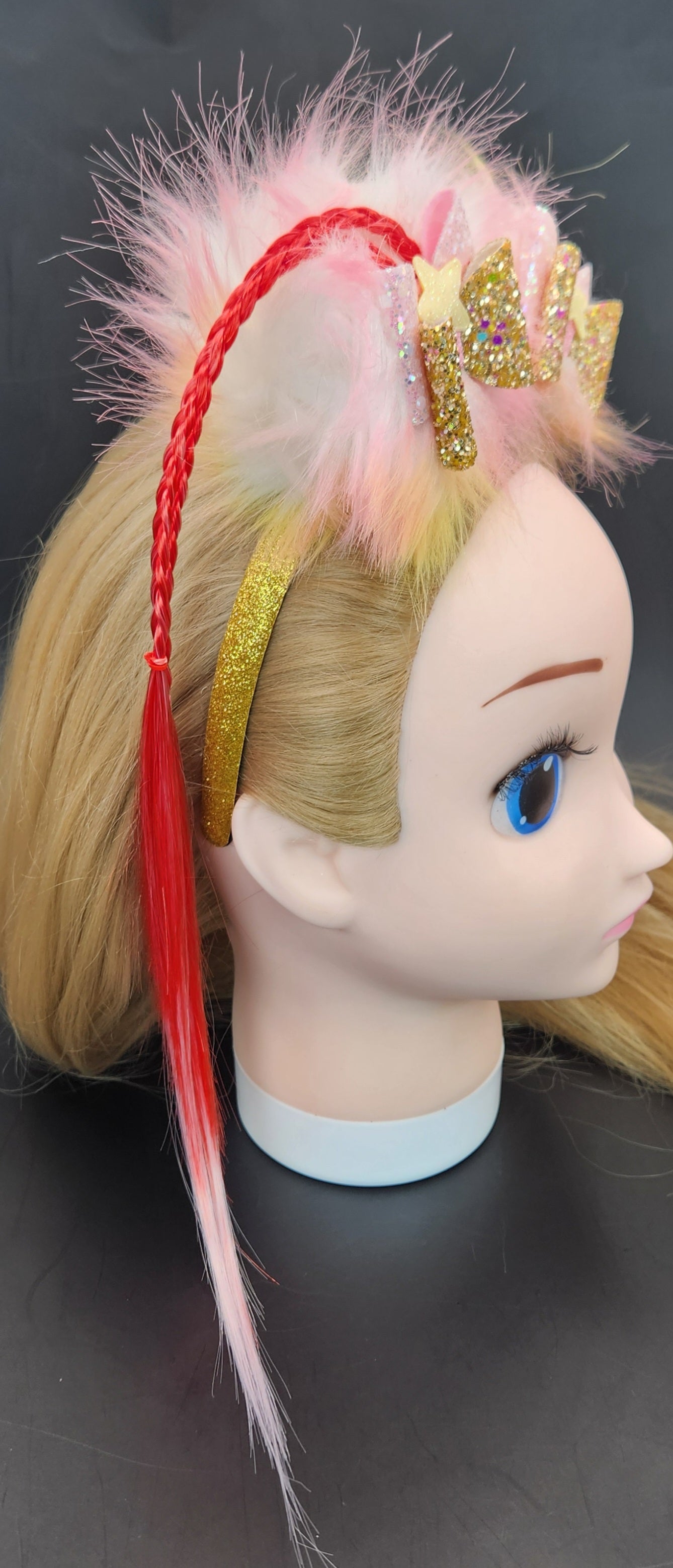 Loud Vibrant Pom-Poms Headband w/Bows & Artificial Hair