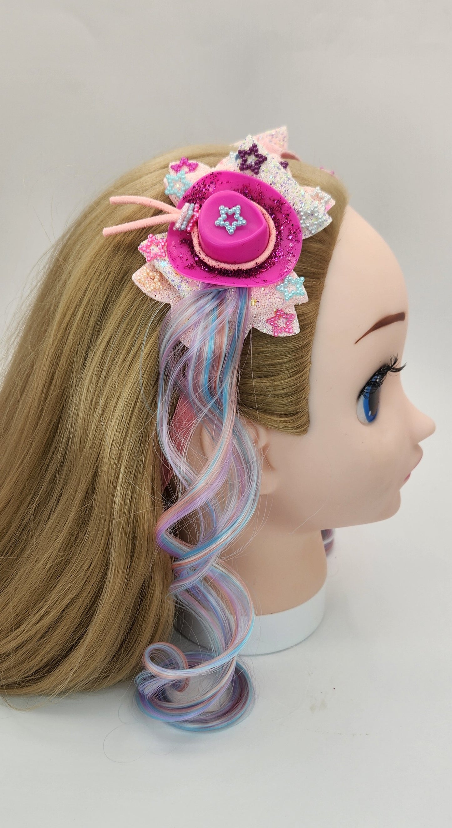 HOTT Pink Cowgirl Hat Hair Bow Headband w/ Artificial Pastel Hair
