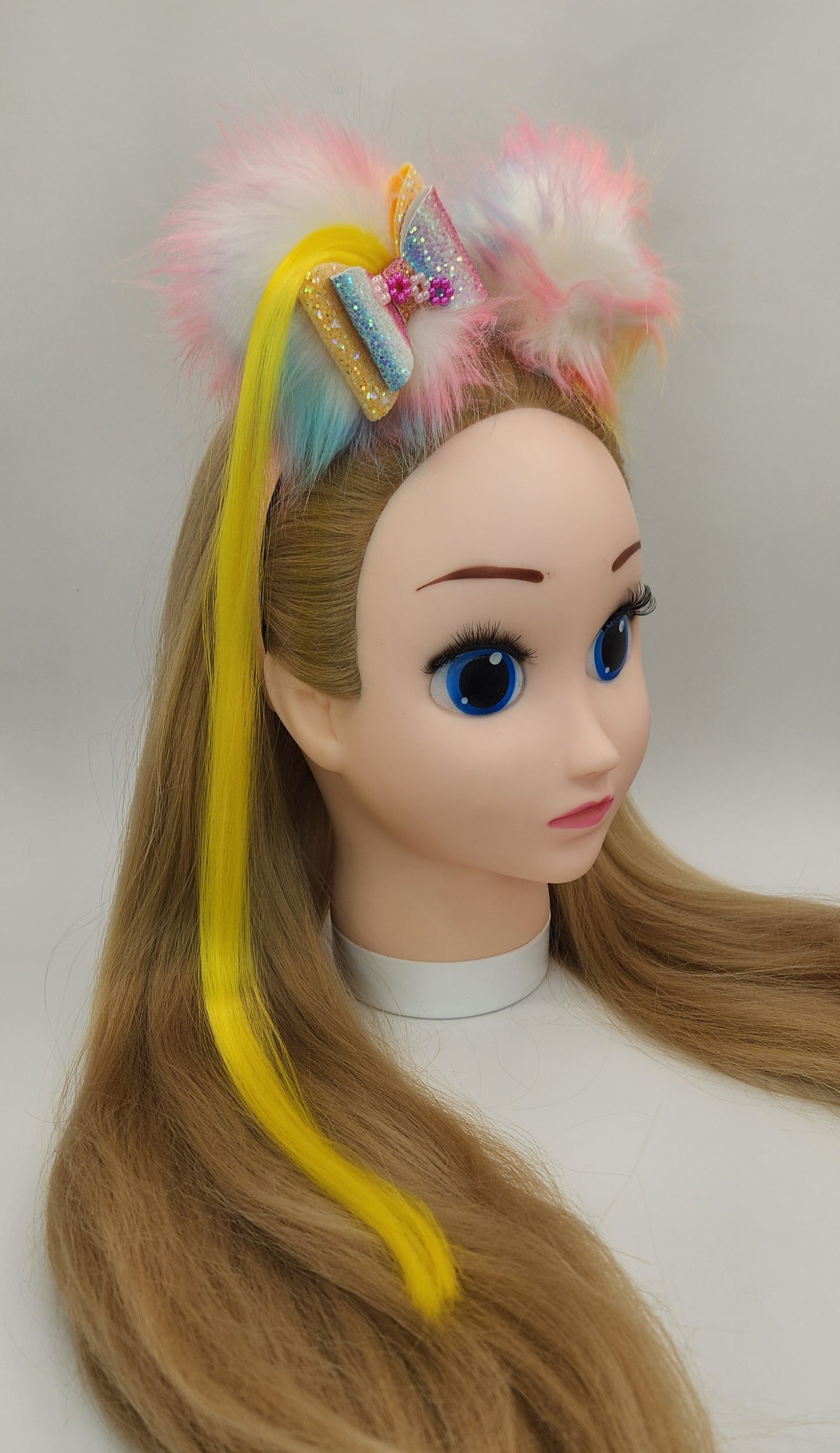 Pretty Rainbow Colored Pom-Poms Headband w/Bow & Artificial Hair