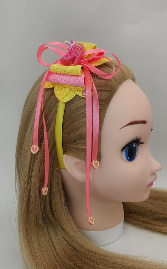Pink & Yellow Hair Bow Headband with Barbie Shoe Centerpiece