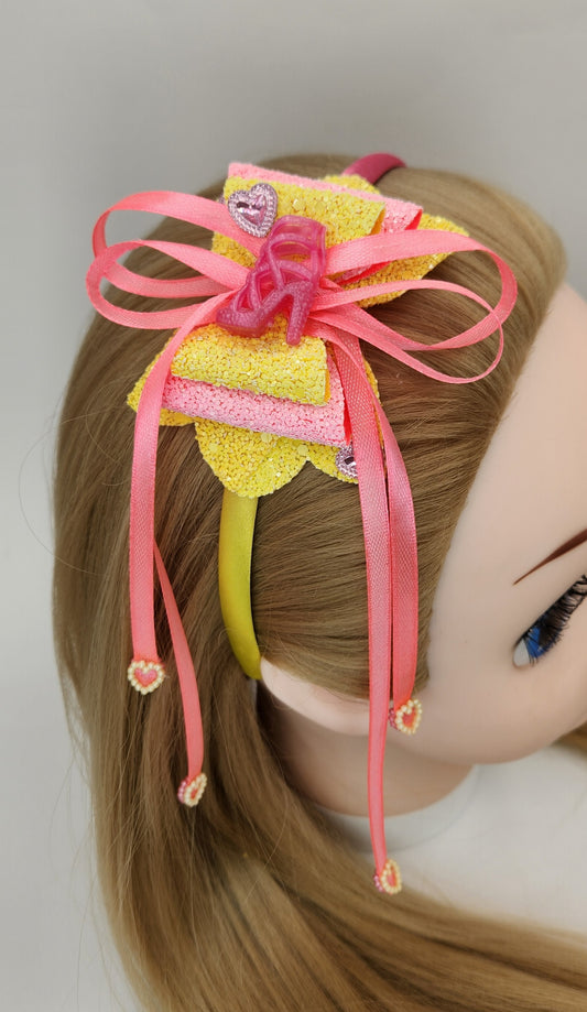 Pink & Yellow Hair Bow Headband with Barbie Shoe Centerpiece