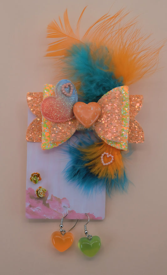 Classy Lil Gal Faux Feather Bow Set with Double Earrings