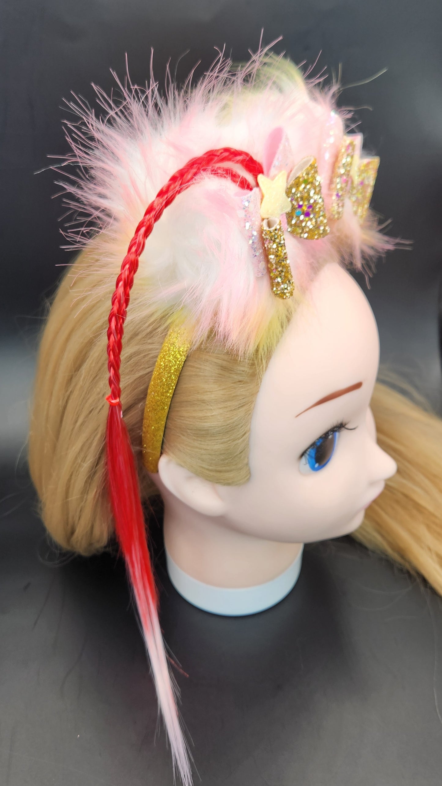 Loud Vibrant Pom-Poms Headband w/Bows & Artificial Hair