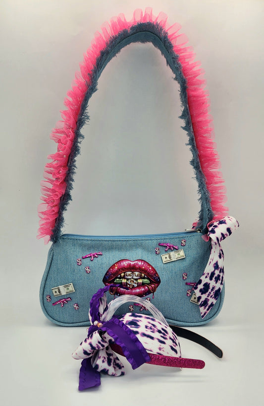 Denim Naughty-N-Nice Clutch with Matching Headband