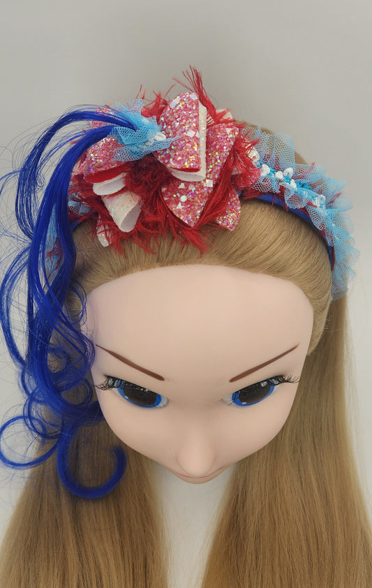 Sky High Red Hair Bow w/Curly Blue Hair Headband