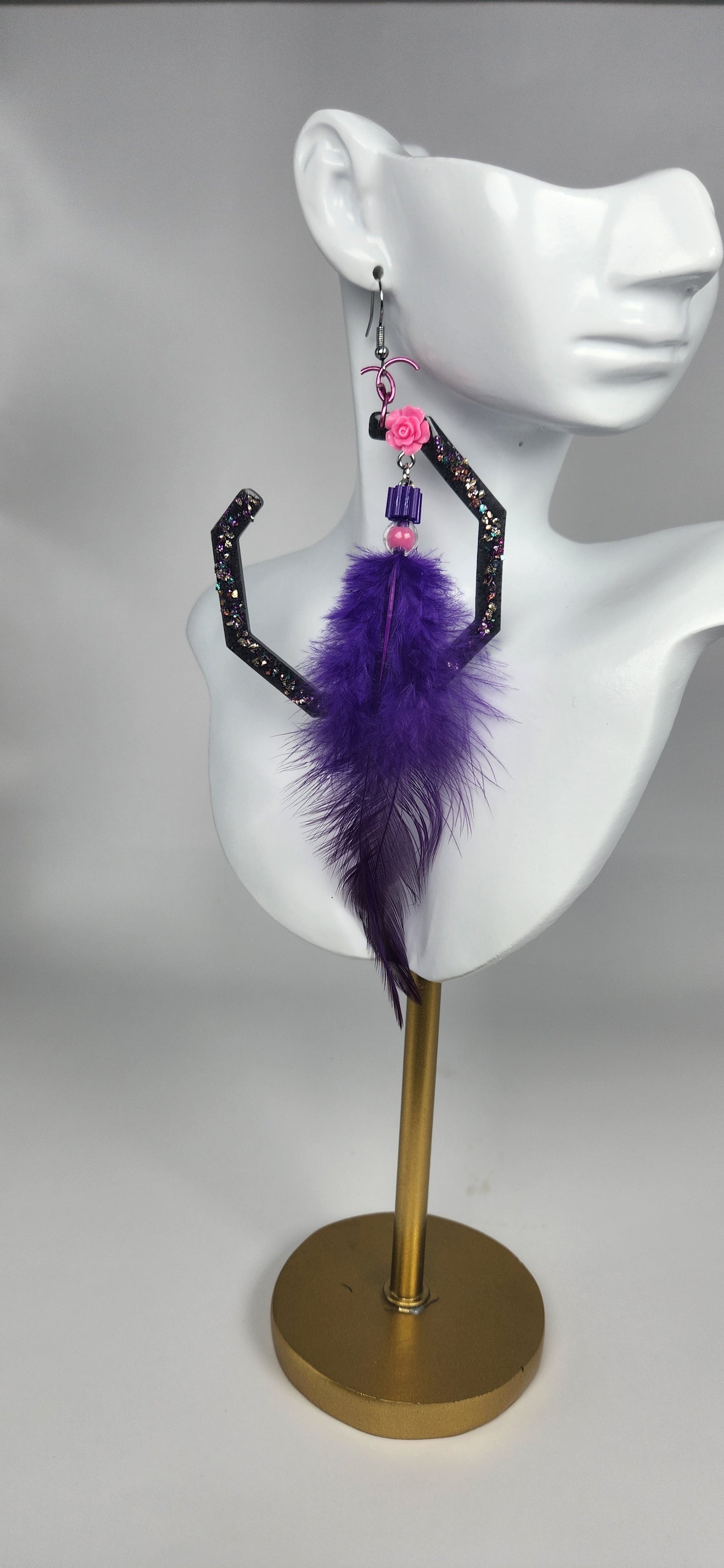 Black Resin Open Hoop with Stone and Faux feather