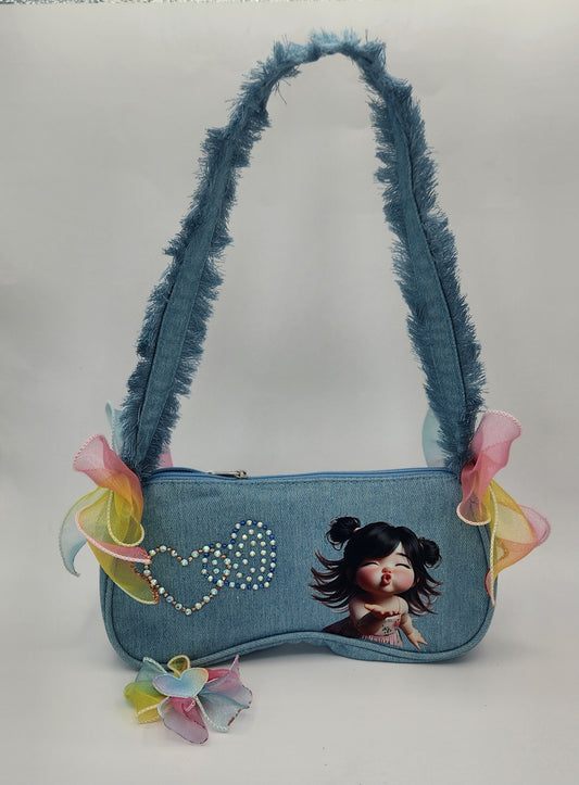 Kiss Blowing Girl Denim Hand Bag w/Mini Hair Bow
