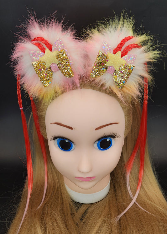Loud Vibrant Pom-Poms Headband w/Bows & Artificial Hair