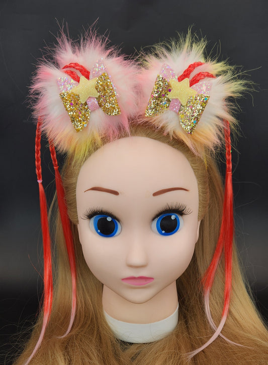 Loud Vibrant Pom-Poms Headband w/Bows & Artificial Hair