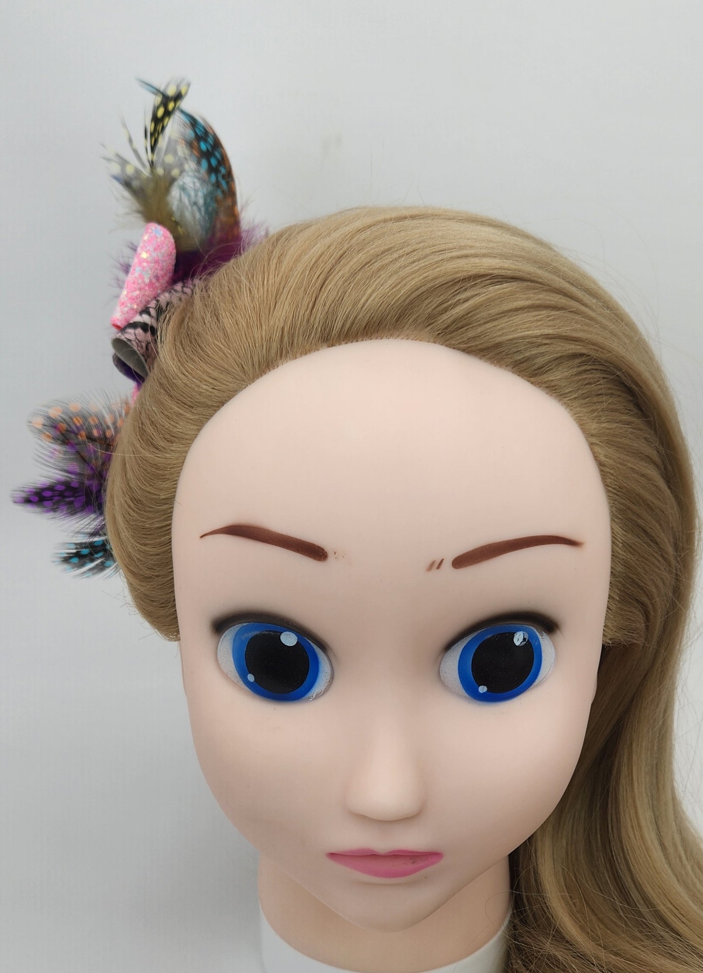 Layered Blue "Eye" Hair Bow with Faux Feathers