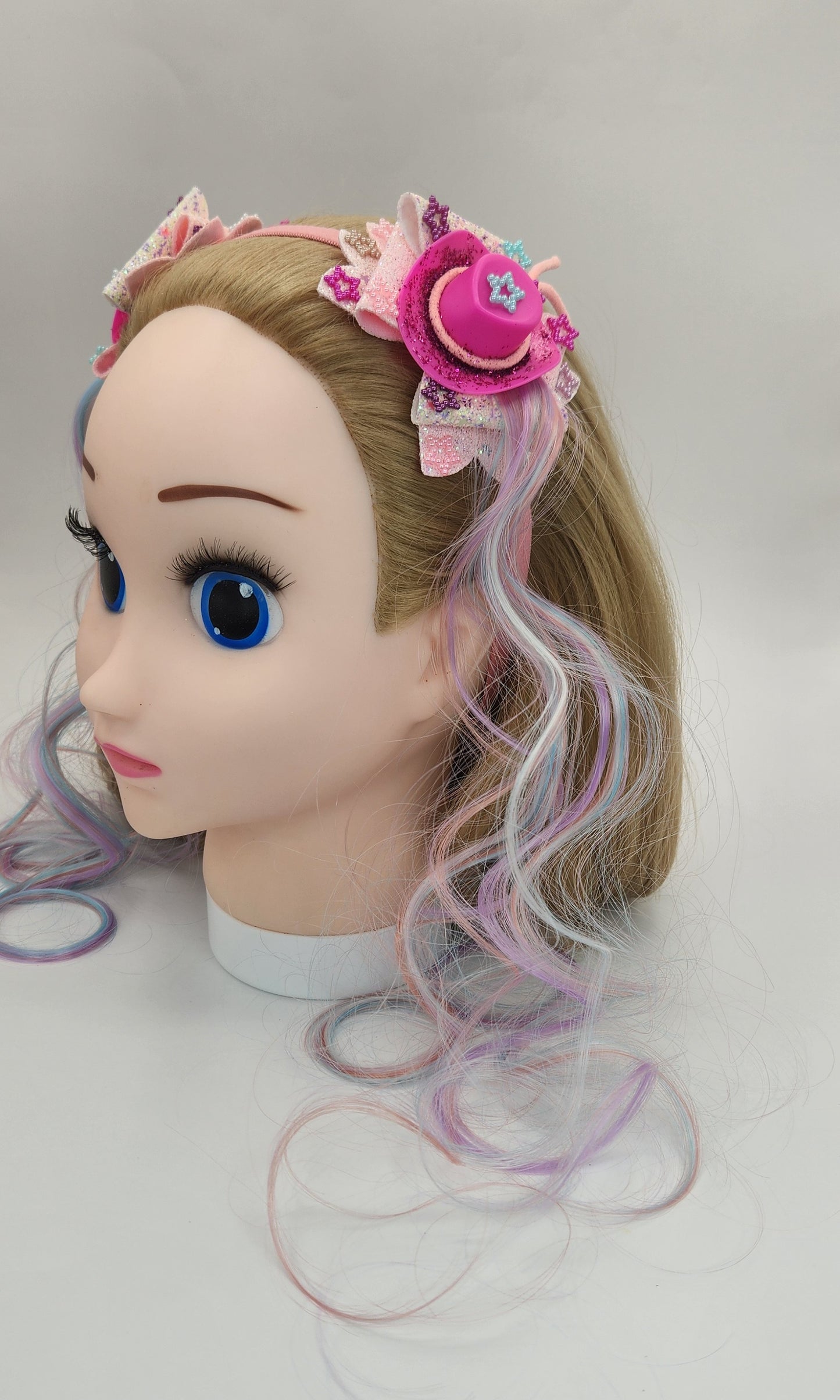HOTT Pink Cowgirl Hat Hair Bow Headband w/ Artificial Pastel Hair