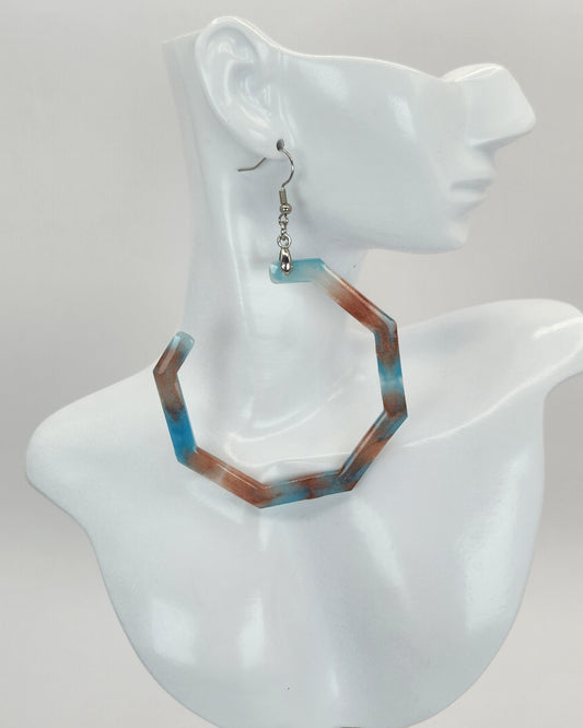 Spotted Baby Blue and Dark Gold Hoop Earrings