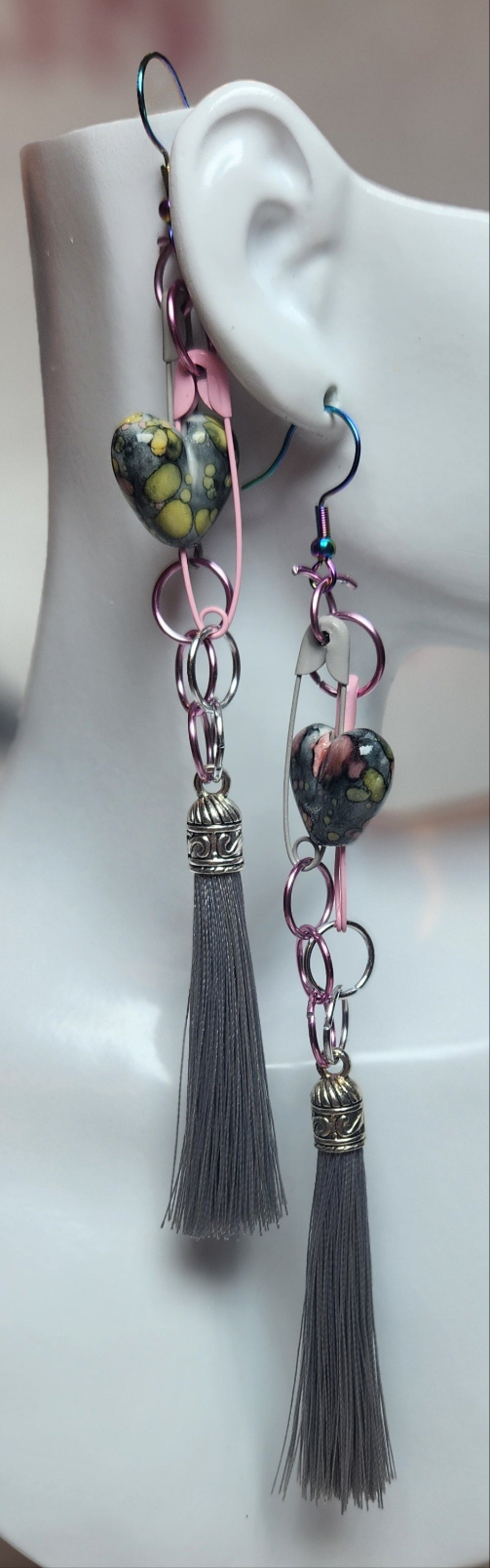 Pin Thru The Gray Heart Earrings w/Tassels