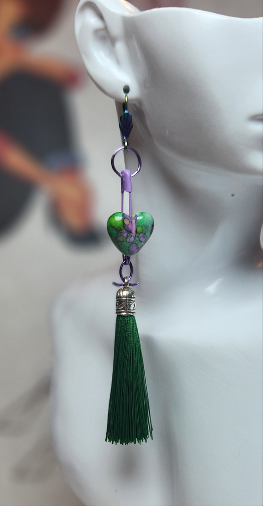 Pin Thru the Green Heart Earrings w/Tassels