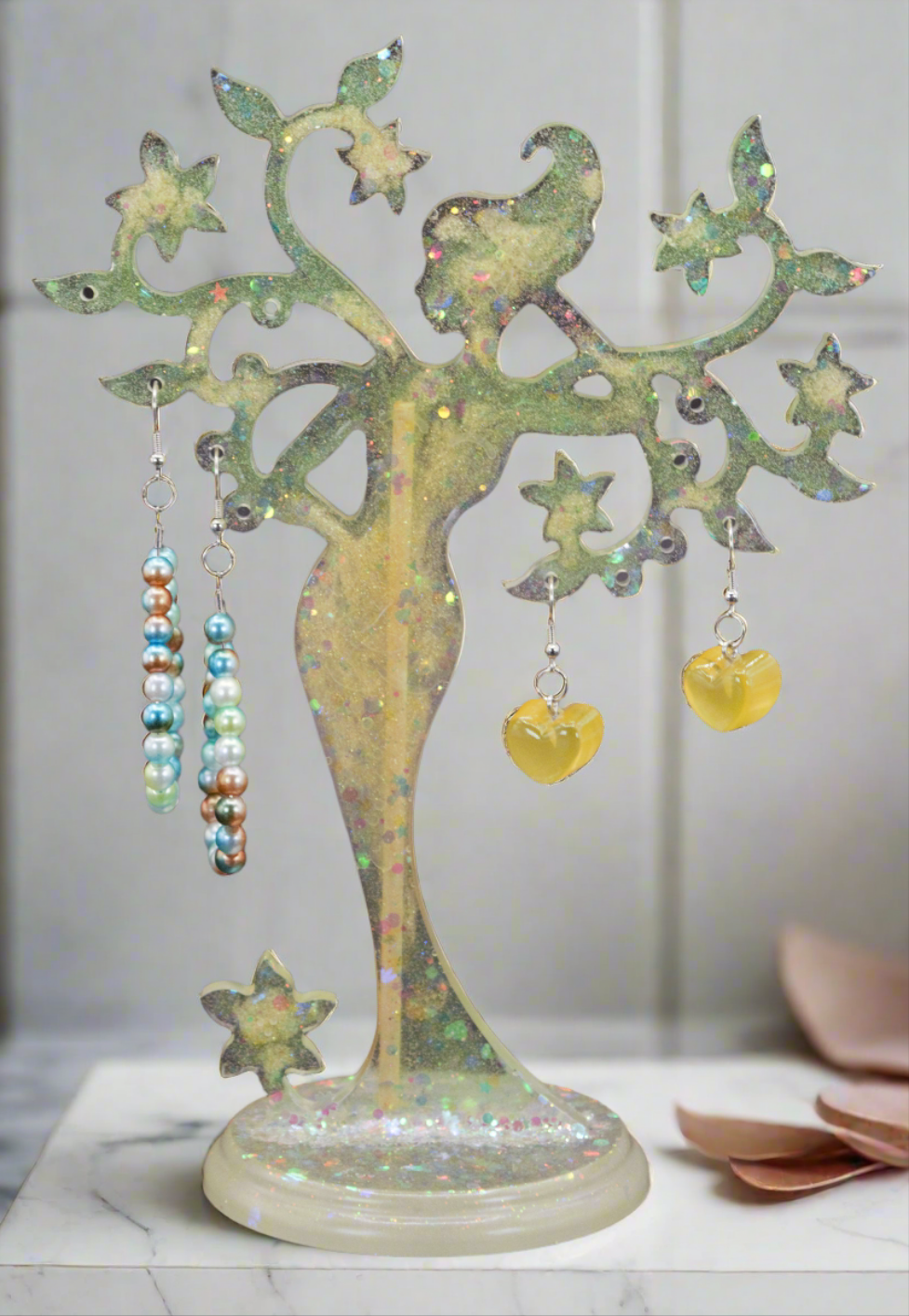 Mother Nature Resin Tree Stand Set - Yellow w/ Glitter & Iridescent Confetti. Two Sets of Earrings
