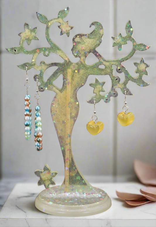 Mother Nature Resin Tree Stand Set - Yellow w/ Glitter & Iridescent Confetti. Two Sets of Earrings