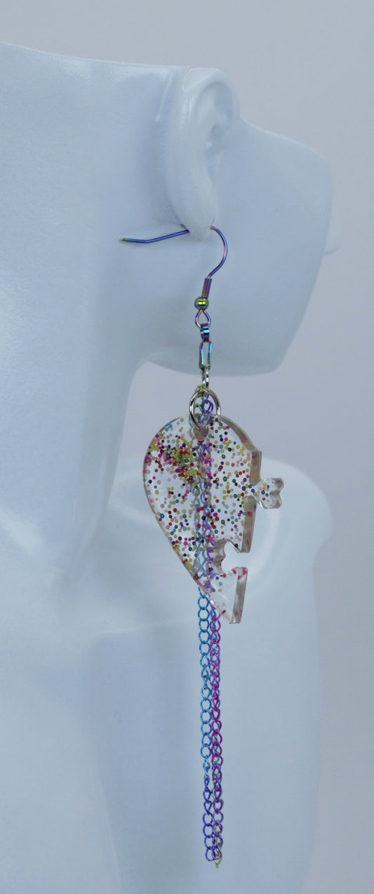 Resin Broken Heart With Rainbow Chain Earrings