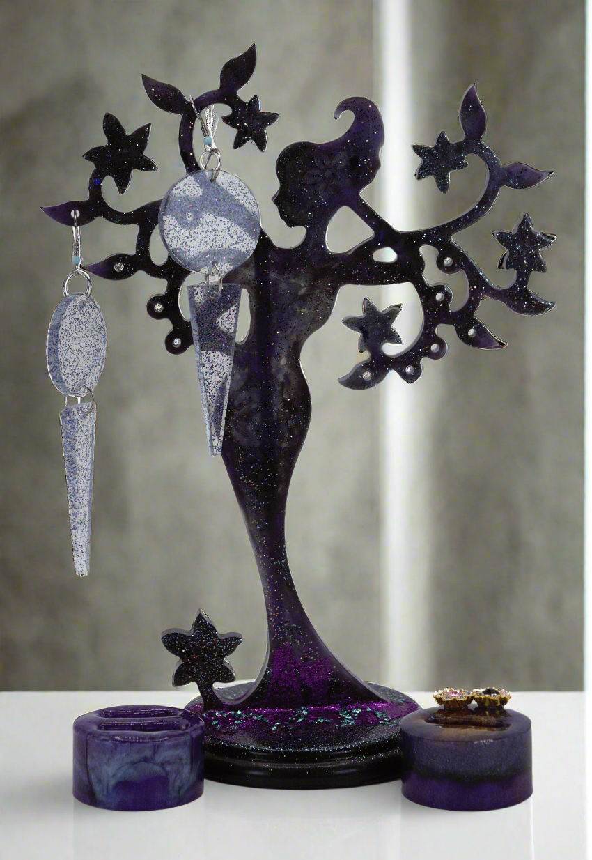 Mother Nature Resin Tree Stand Set - Black, Blue, Purple, and Green Colors w/Earrings and Ring Holders