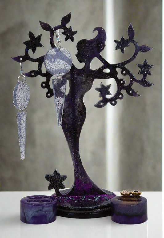 Mother Nature Resin Tree Stand Set - Black, Blue, Purple, and Green Colors w/Earrings and Ring Holders