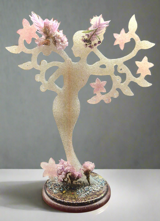 Mother Nature Resin Tree Stand Set: Silver, White, Pink, & Purple with Preserved Resin Flower Earrings