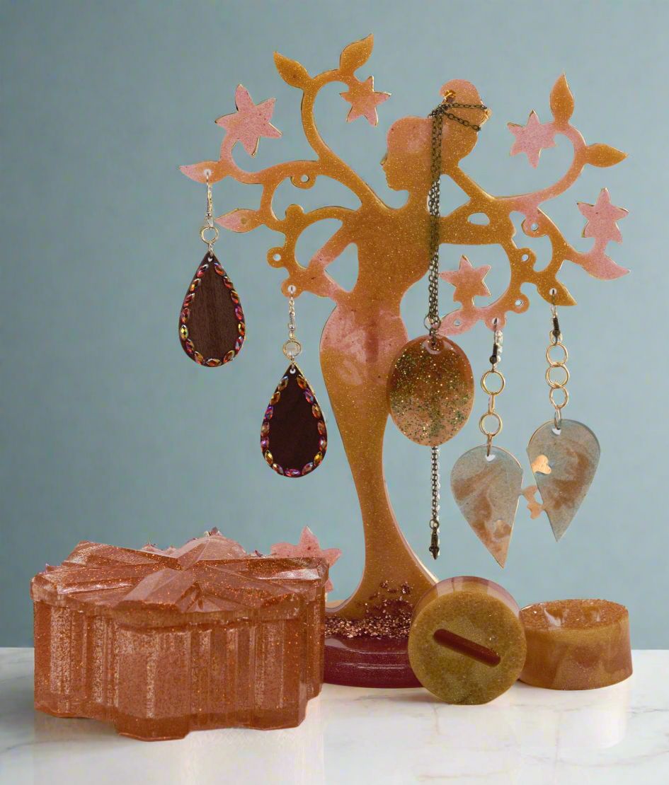 Mother Nature Resin Tree Stand Set - Gold and Amber Colors w/ Jewelry, Ring Holders, and Jewelry Dish