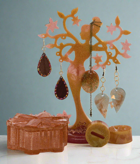 Mother Nature Resin Tree Stand Set - Gold and Amber Colors w/ Jewelry, Ring Holders, and Jewelry Dish