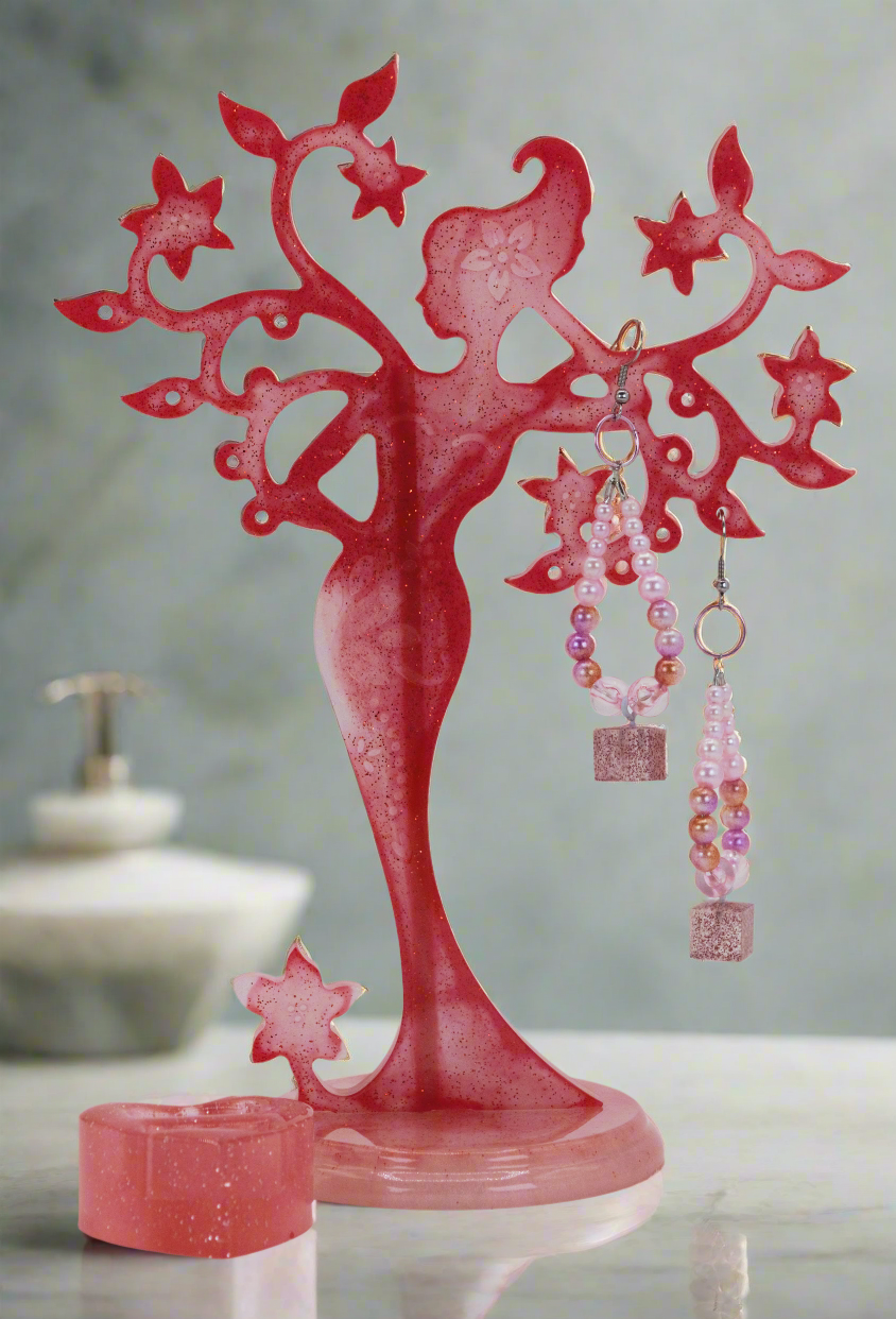 Mother Nature Resin Tree Stand Set - Red and Pink Colors with One Set of Earrings