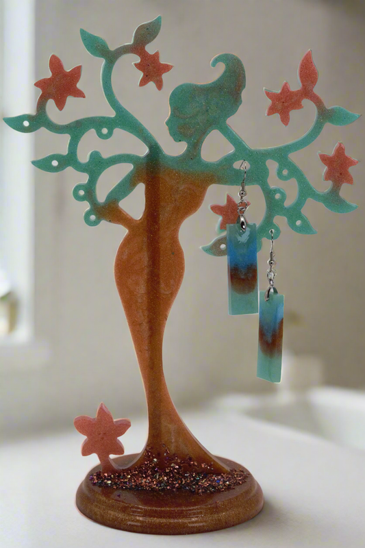 Mother Nature Resin Tree Stand Set - Brown, Gold, Green, and Pink Colors w/ Earrings, Ring Holder & Jewelry Dish