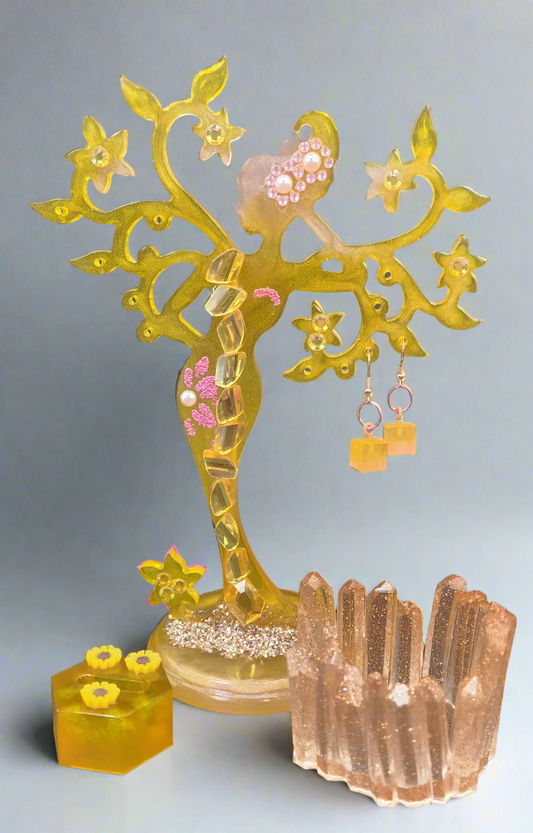 Mother Nature Resin Tree Stand Set - Orange, Yellow, Pink Colors with Resin Earrings, Ring Holder and Jewelry dish