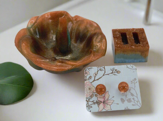 Mother Nature Resin Tree Stand Set - Brown, Gold, Green, and Pink Colors w/ Earrings, Ring Holder & Jewelry Dish