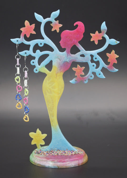 Mother Nature Resin Tree Stand Set - Pink, Blue, and Yellow Colors with Two Jewelry Dishes