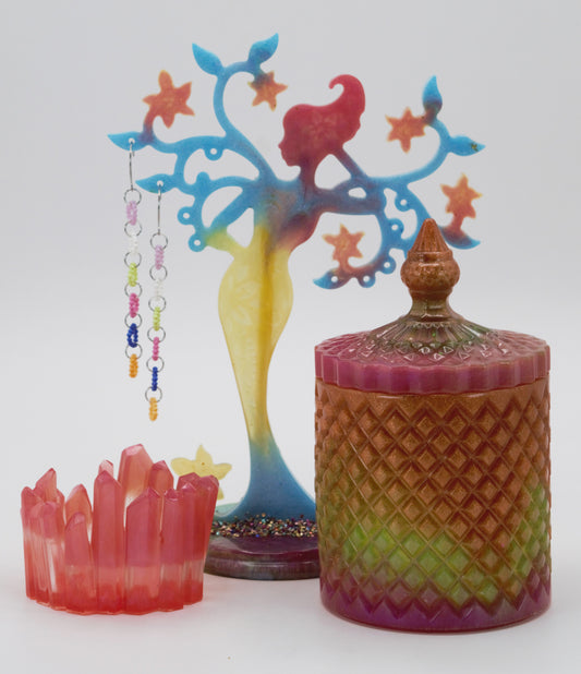 Mother Nature Resin Tree Stand Set - Pink, Blue, and Yellow Colors with Two Jewelry Dishes