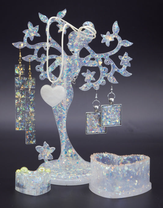 Mother Nature Resin Tree Stand Set - Clear w/ Iridescent Confetti with Jewelry and Jewelry Dishes
