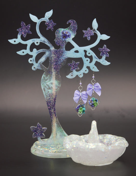 Mother Nature Resin Tree Stand Set - Blue, Purple, Green, and Pink with Resin Jewelry Dish and Earrings